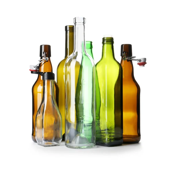 Порожні Скляні Пляшки Білому Тлі Проблема Переробки — стокове фото