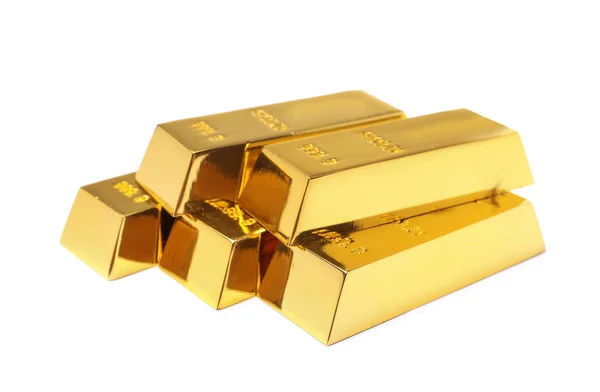 Kostbare Glänzende Goldbarren Auf Weißem Hintergrund — Stockfoto