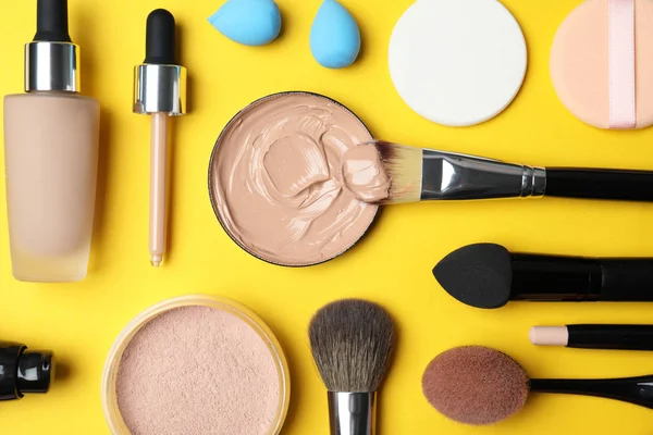 Flat Lay Composition Skin Foundation Powder Beauty Accessories Color Background — Stock Photo, Image