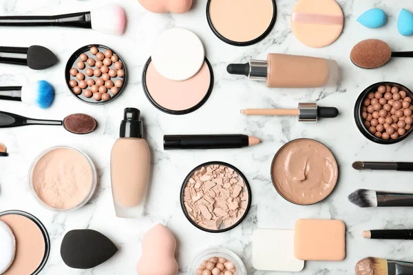 Flat Lay Composition Skin Foundation Powder Beauty Accessories Marble Background — Stock Photo, Image