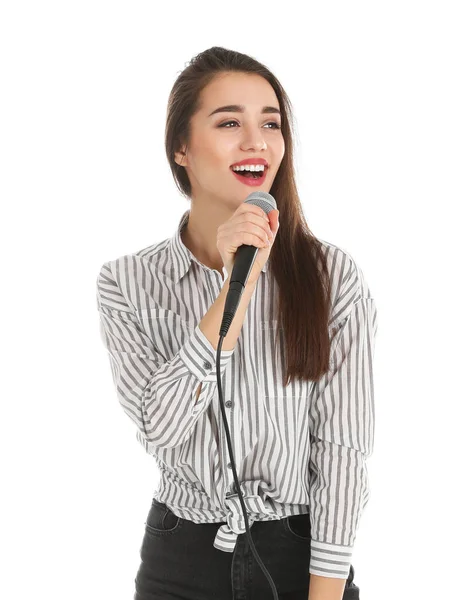 Young Woman Wearing Casual Clothes Singing Microphone White Background — Stock Photo, Image