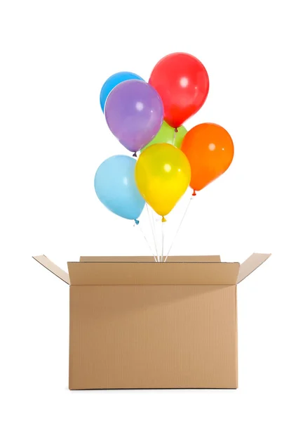 Gift Box Bright Air Balloons White Background — Stock Photo, Image