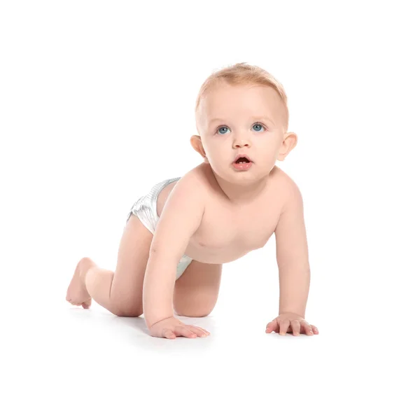 Cute Little Baby Crawling White Background Stock Picture