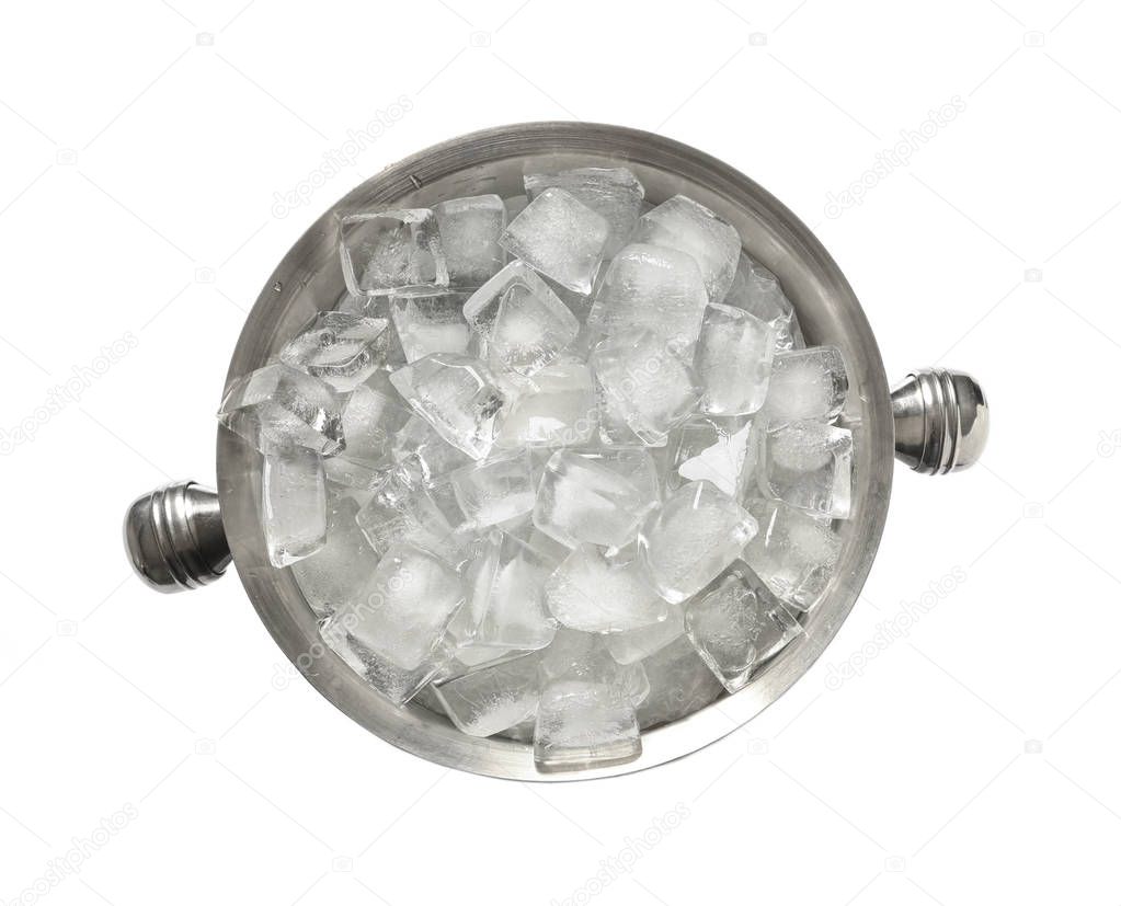 Metal bucket with ice cubes on white background, top view