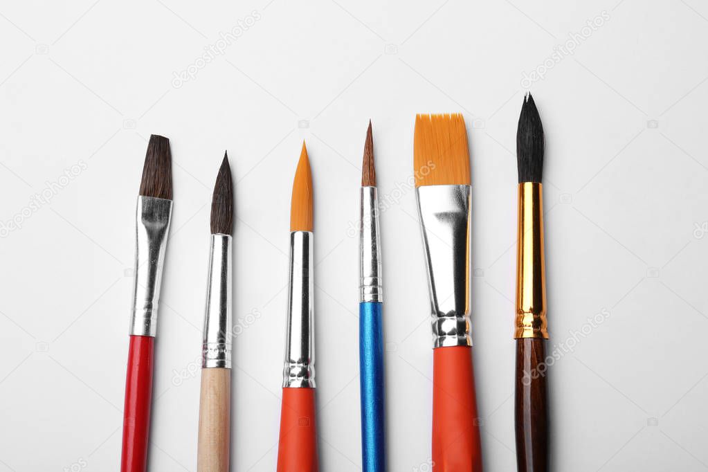 Different paint brushes on white background, top view