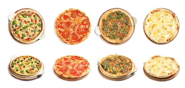 Set Diferite Pizza Fierbinte Brânză Delicioasă Topită Fundal Alb — Fotografie, imagine de stoc