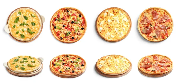 Conjunto Diferentes Pizzas Quentes Com Delicioso Queijo Derretido Fundo Branco — Fotografia de Stock