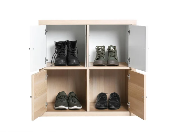 Moderní Lehký Dřevěný Kabinet Botami Izolované Bílém Nábytek Pro Šatník — Stock fotografie