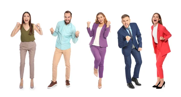 Conjunto Personas Felices Celebrando Victoria Sobre Fondo Blanco — Foto de Stock