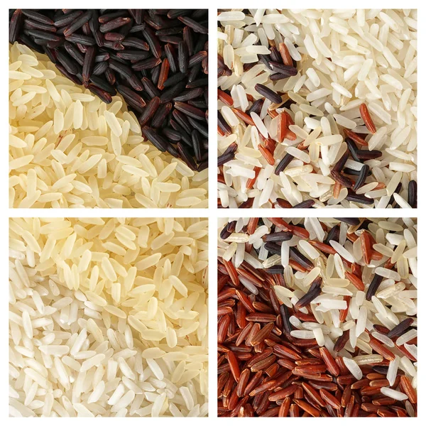 Farklı Pişmemiş Pirinç Beyaz Zemin Üzerine Closeup Görünümü Ayarla — Stok fotoğraf