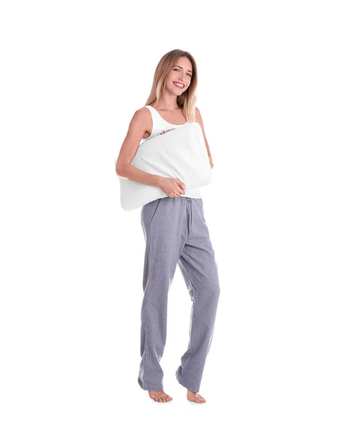 Happy Young Woman Pajamas Neck Pillow White Background — Stock Photo, Image