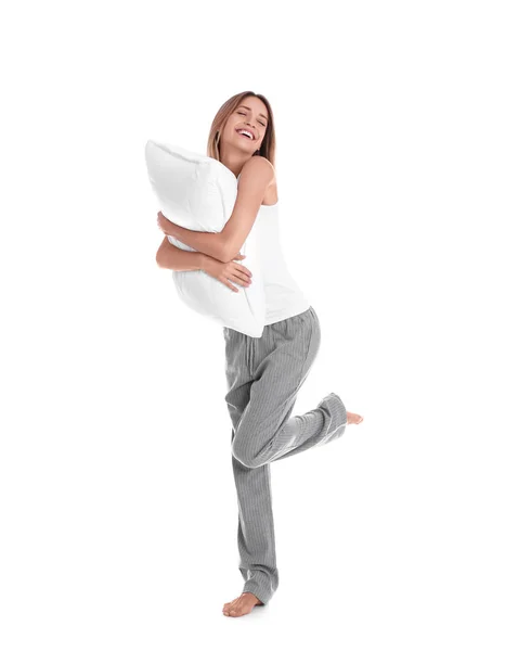 Joyeux Jeune Femme Pyjama Avec Coussin Cou Sur Fond Blanc — Photo
