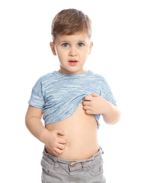 Little Boy Scratching Belly White Background Annoying Itch — Stock Photo, Image