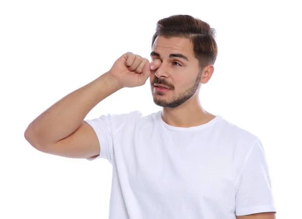 Young Man Rubbing Eye White Background Annoying Itch — Stock Photo, Image