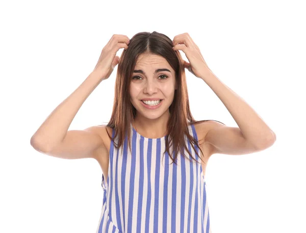 Young Woman Scratching Head White Background Annoying Itch — Stock Photo, Image