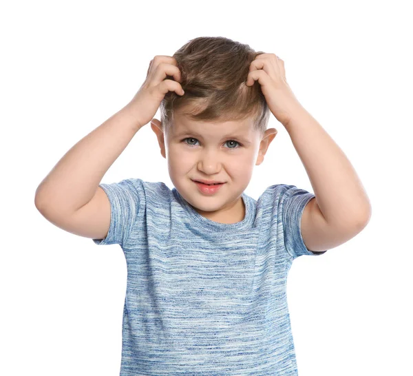 Little Boy Scratching Head White Background Annoying Itch — Stock Photo, Image