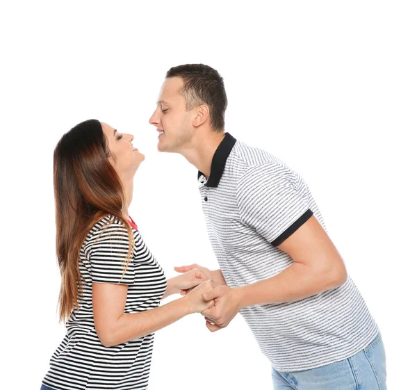 Jovem Com Banco Porquinho Fundo Branco Espaço Para Texto — Fotografia de Stock