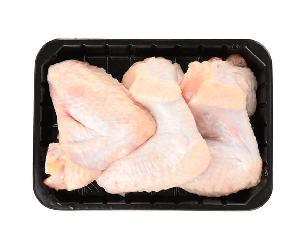 Plastic Container Raw Chicken Wings White Background Top View Fresh — Stock Photo, Image