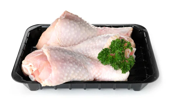 Plastic Container Raw Chicken Drumsticks Parsley White Background Fresh Meat — Stock Photo, Image