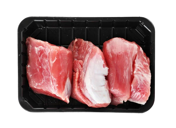 Envase Plástico Con Carne Cruda Sobre Fondo Blanco Vista Superior —  Fotos de Stock
