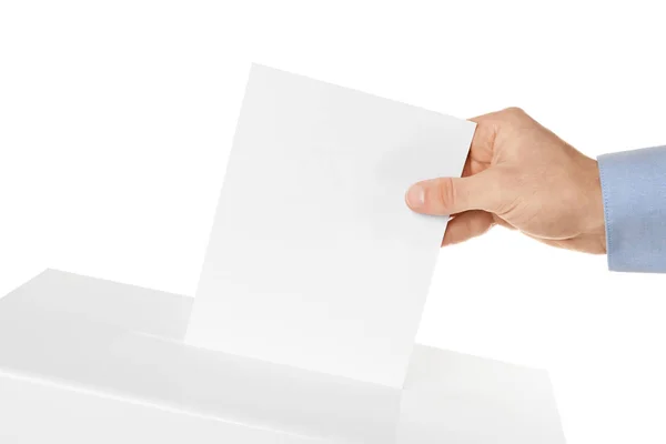 Homme Mettant Son Vote Dans Les Urnes Sur Fond Blanc — Photo