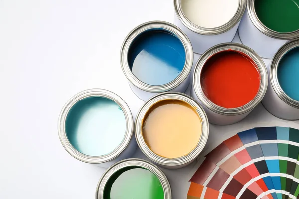 Paint Cans Color Palette White Background Top View — Stock Photo, Image