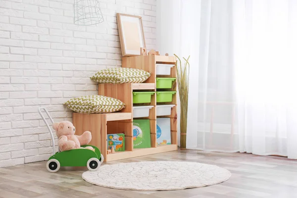 Interior Moderno Estilo Ecológico Habitación Infantil Con Cajas Madera Cerca —  Fotos de Stock