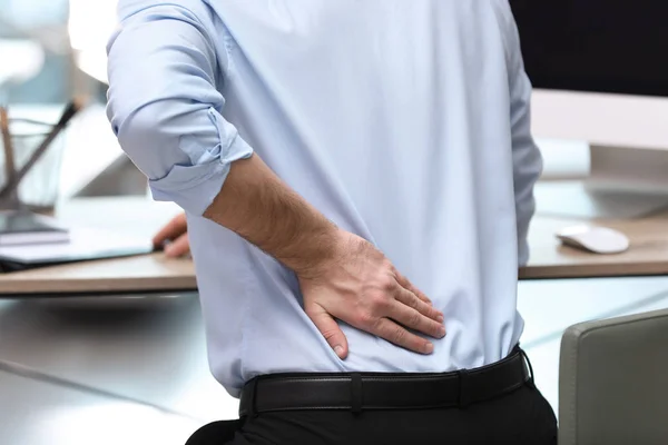 Businessman Suffering Back Pain Workplace Closeup — Stock Photo, Image