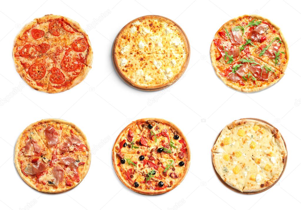 Set of different hot pizzas with delicious melted cheese on white background, top view