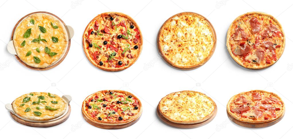 Set of different hot pizzas with delicious melted cheese on white background