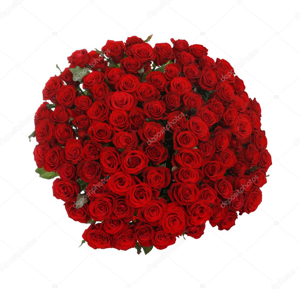 Huge bouquet of beautiful red roses on white background