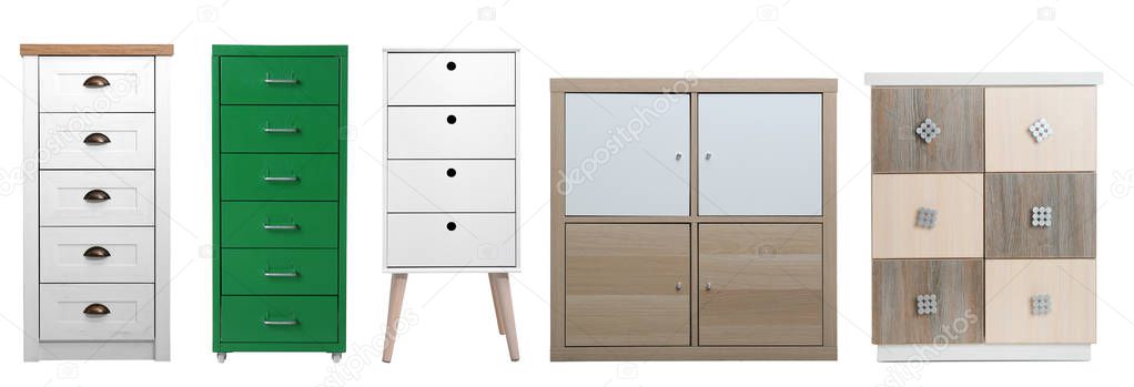 Set of different stylish commodes isolated on white. Furniture for wardrobe 