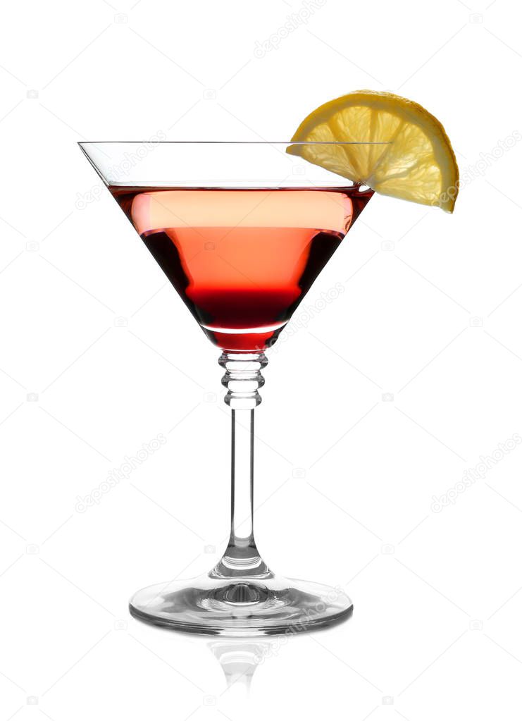 Glass of cocktail with martini and lemon on white background