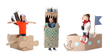 Karton uçakla oynamaya ve bulutlar beyaz arka plan üzerinde çizim şirin küçük çocuk