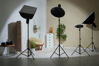 Oturma odası iç tasarım ve profesyonel ekipman fotoğraf Studio örneği