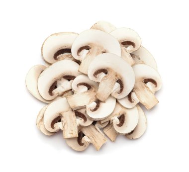Dilim taze champignon mantar beyaz arka planda, üstten görünüm