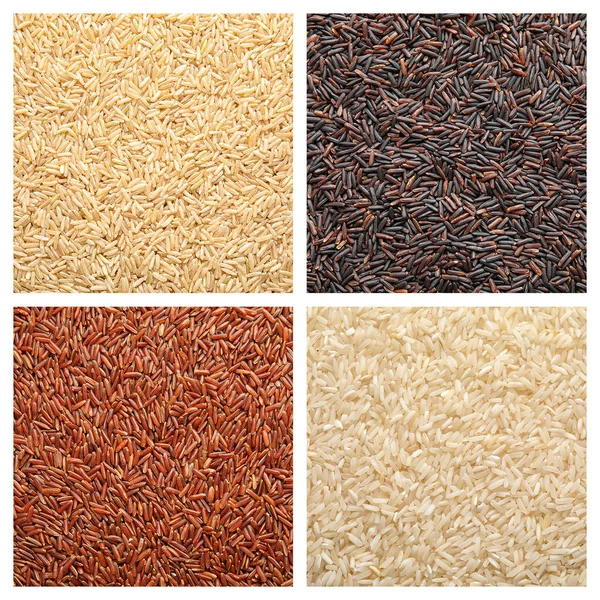 Set of different uncooked rice on white background, top view