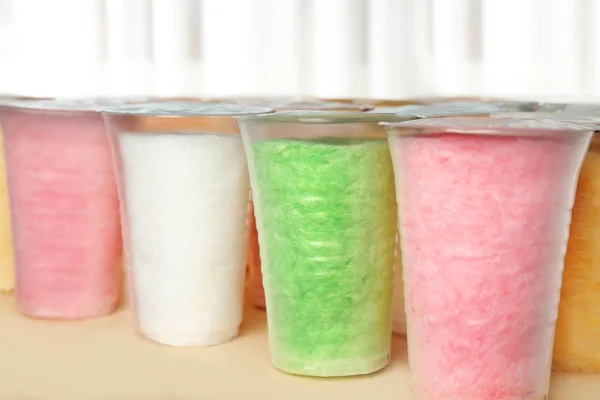 Plastic Cups Cotton Candy Table Blurred Background — Stock Photo, Image