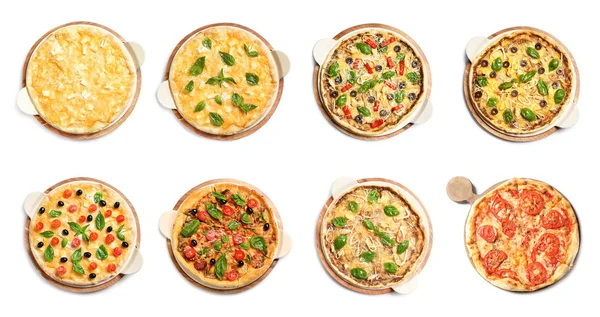 Conjunto Diferentes Pizzas Quentes Com Delicioso Queijo Derretido Fundo Branco — Fotografia de Stock