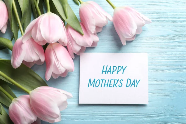 Beautiful Tulips Card Text Happy Mother Day Wooden Background Top — Stock Photo, Image