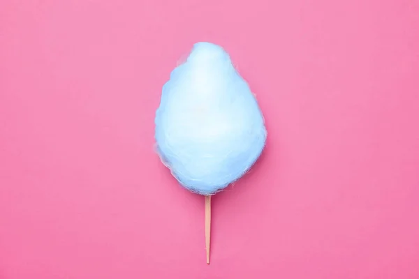 Stick Mit Blauen Leckeren Zuckerwatte Auf Rosa Hintergrund Ansicht Von — Stockfoto