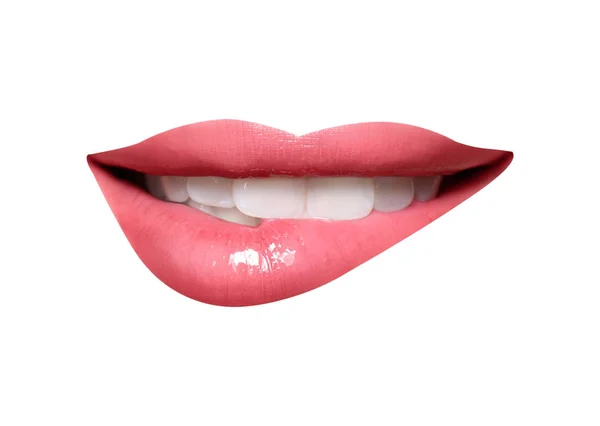 Beautiful Open Mouth Pink Glossy Lipstick Isolated White — Stock Photo, Image