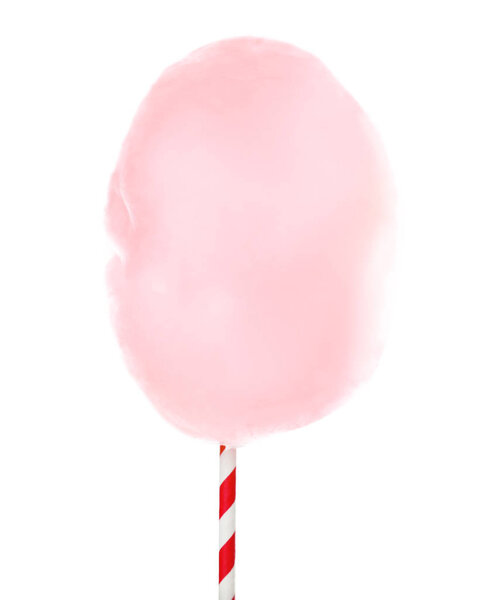 Солома с розовой сладкой ватой на белом фоне
