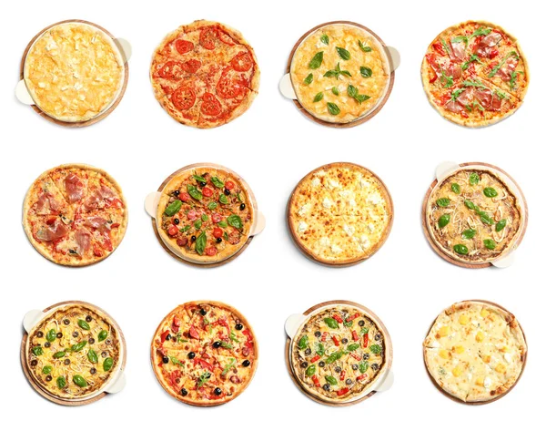 Set Different Hot Pizzas Delicious Melted Cheese White Background Top — Stock Photo, Image