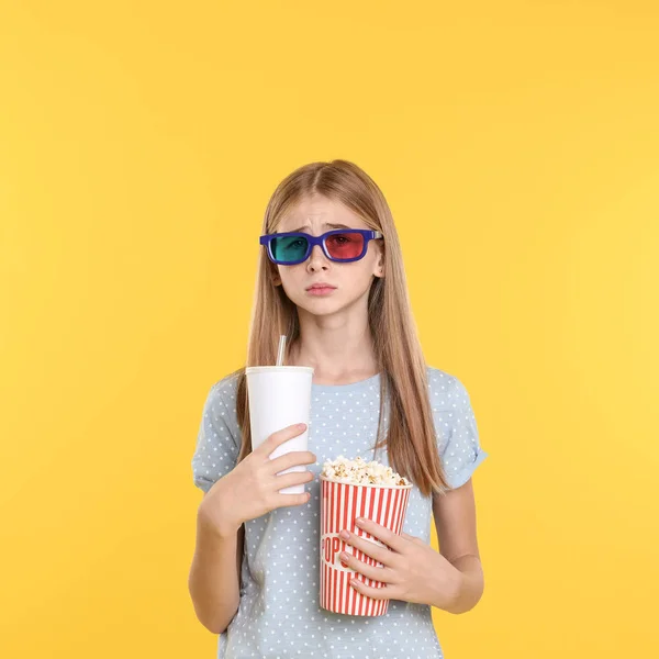 Emotional Teenage Girl Glasses Popcorn Beverage Cinema Show Color Background — Stock Photo, Image