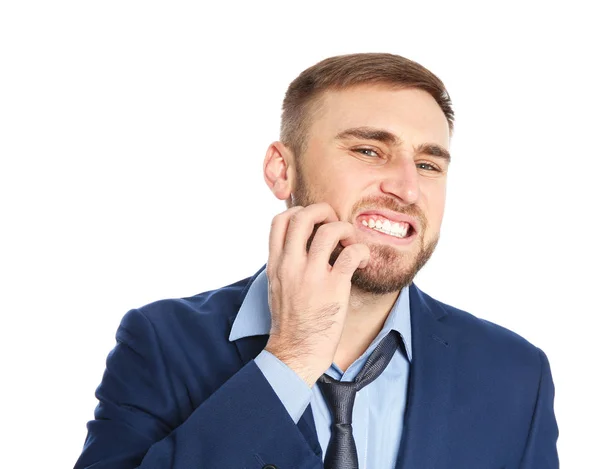 Young Man Scratching Beard White Background Annoying Itch — Stock Photo, Image