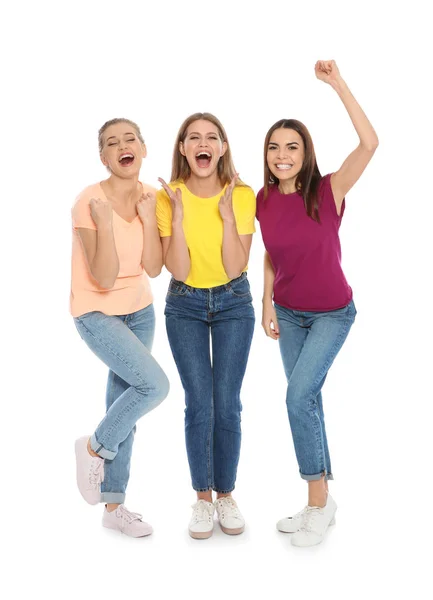 Mujeres Jóvenes Celebrando Victoria Sobre Fondo Color — Foto de Stock