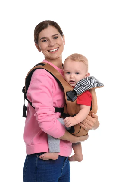 Woman Her Son Baby Carrier White Background — Stock Photo, Image