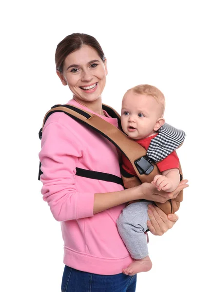 Woman Her Son Baby Carrier White Background — Stock Photo, Image