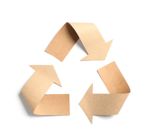 Recycling Symbool Gesneden Uit Kraftpapier Witte Achtergrond Bovenaanzicht — Stockfoto